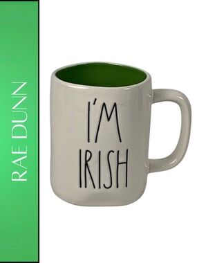Rae Dunn Irish Mug with White and Green Four Leaf Clover on Back